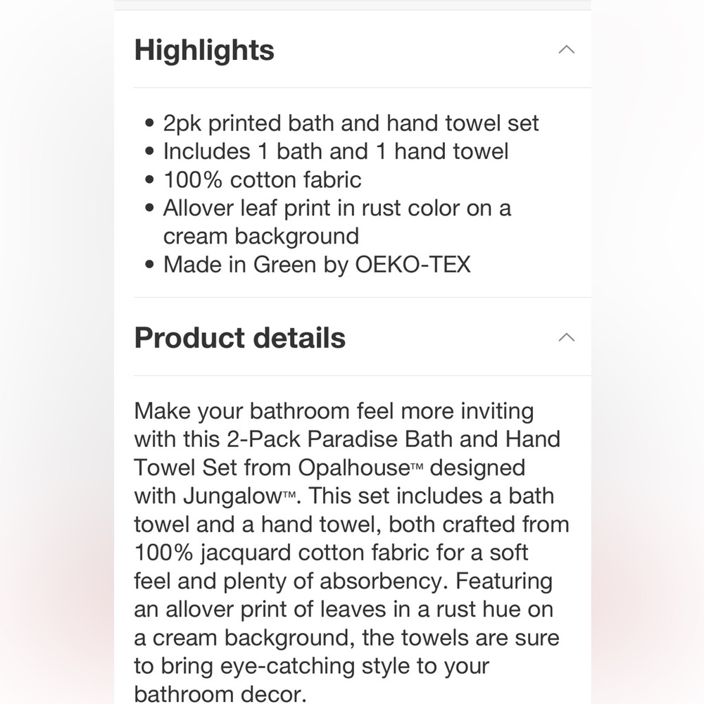 JUNGALOW X OPALHOUSE NWT 2pc paradise bath & hand towel set -rust - Picture 5 of 8